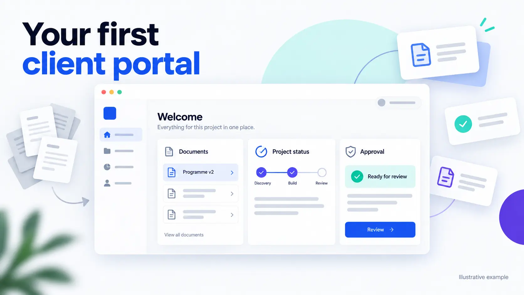 Illustrative client portal dashboard with a documents list, a project status tracker and an approval panel marked ready for review