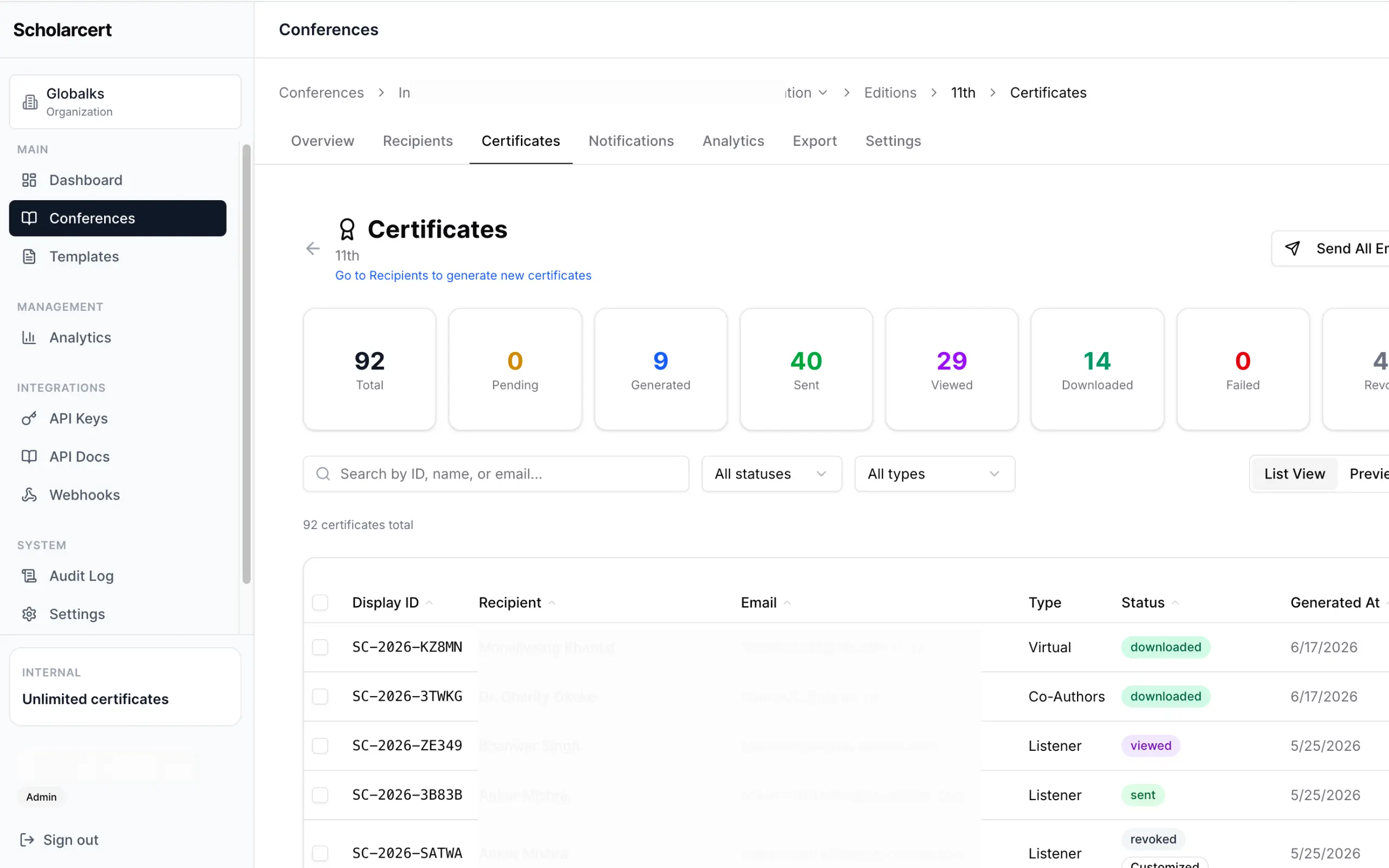 Scholarcert certificate list with statuses