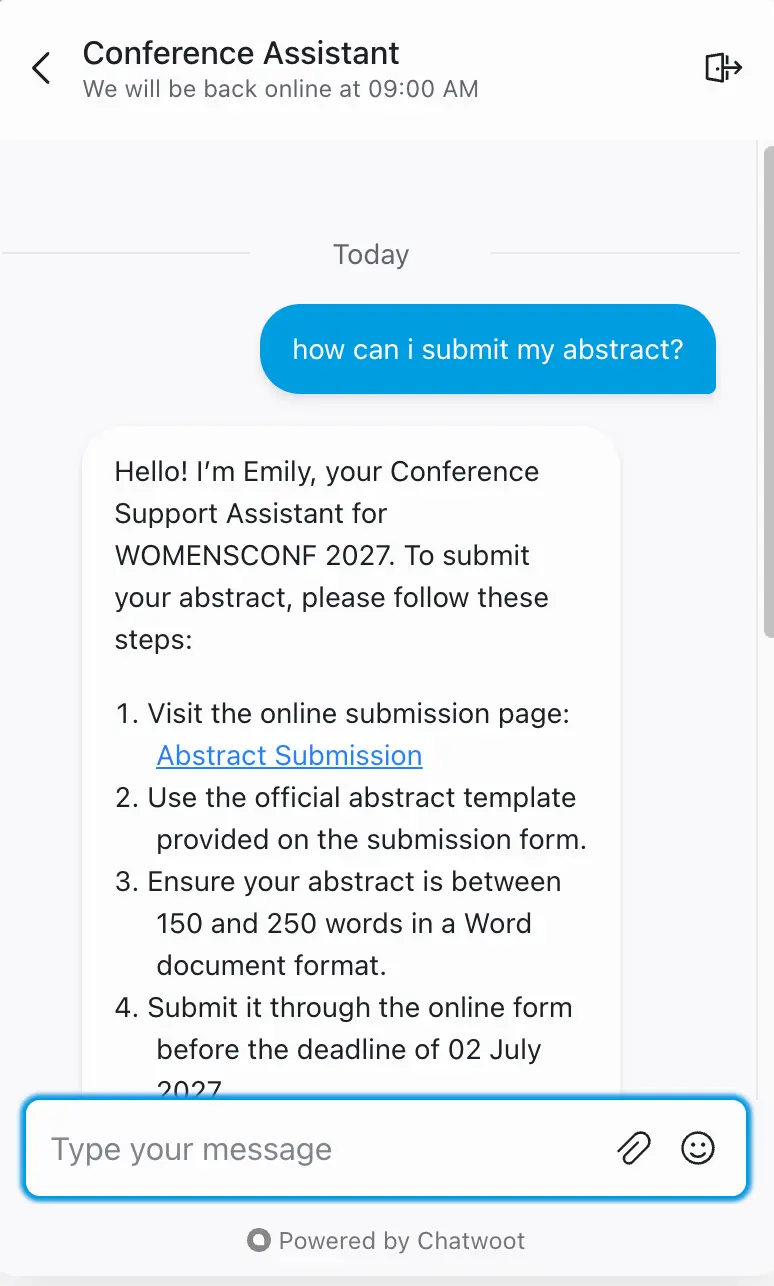 Conference Assistant answering an abstract-submission question in the live Chatwoot widget